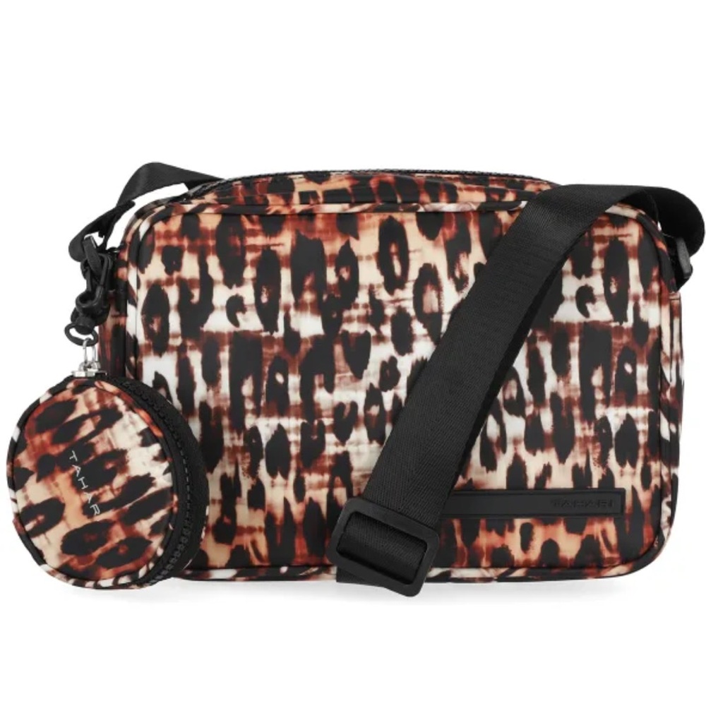 TAHARI Monroe LEOPARD Crossbody Bag allover print and round coin pouch keychain.